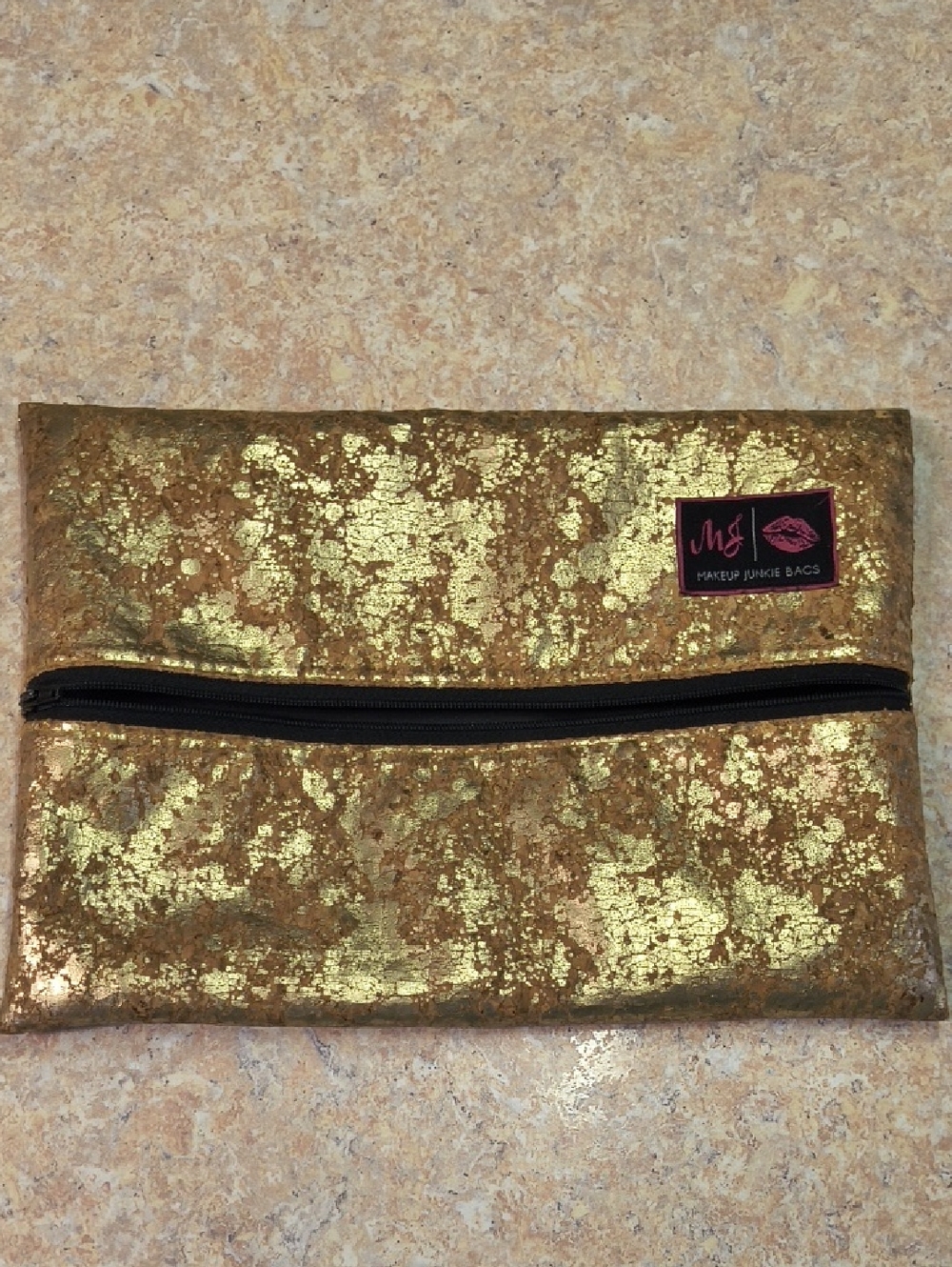 Makeup Junkie Large Gold Metallic Cosmetic Pouch GUC.